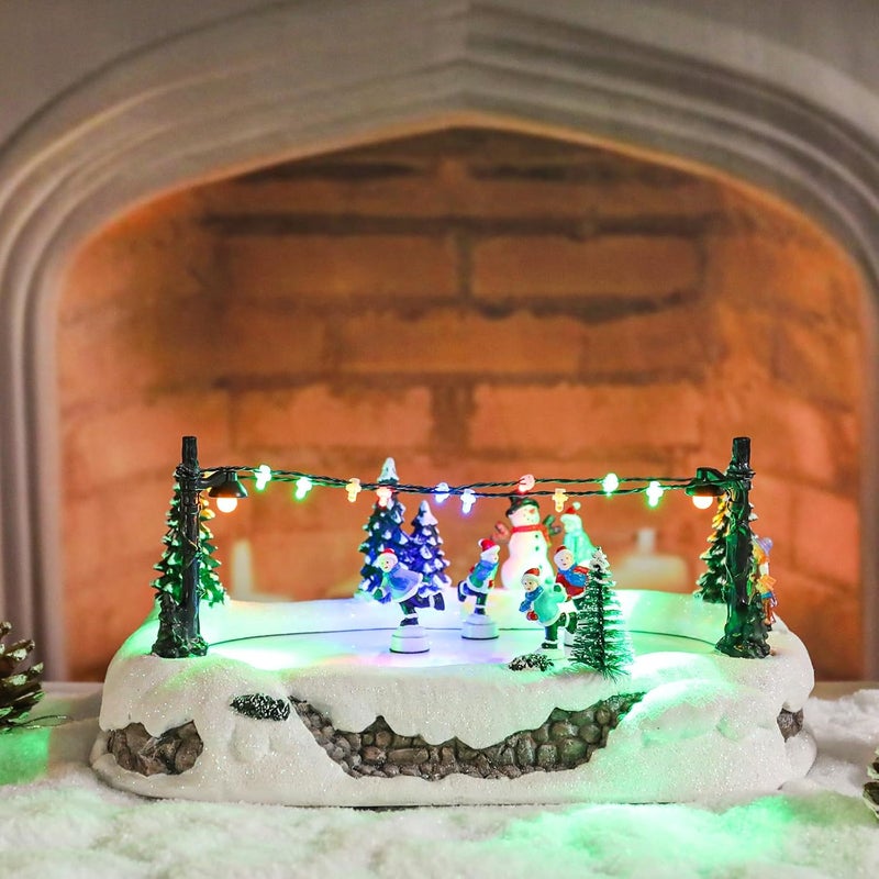 Vipush Christmas Village House Decorations Resin Skating Rink Home Decor Indoor Building Figurines Revolving Train with LED Light and 8 Christmas Music for Kids - Image 1